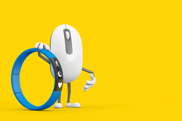 Computer Mouse Cartoon Person Character Mascot Blue Fitness Tracker Yellow — Stock Photo, Image