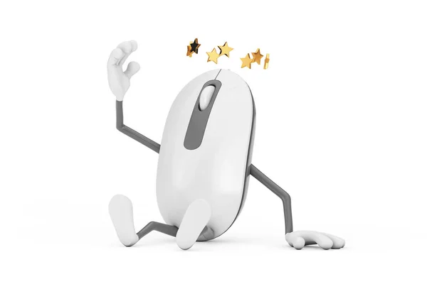 Seated Computer Mouse Cartoon Person Character Mascot Stars Head White — Stock Photo, Image