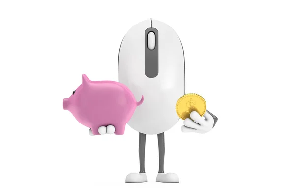 电脑鼠标卡通人物形象吉祥物与小猪银行和黄金美元硬币的白色背景 3D渲染 — 图库照片
