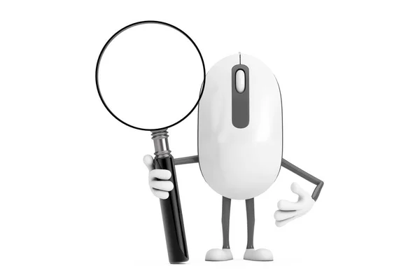 Computer Mouse Cartoon Persoon Karakter Mascotte Met Vergrootglas Een Witte — Stockfoto