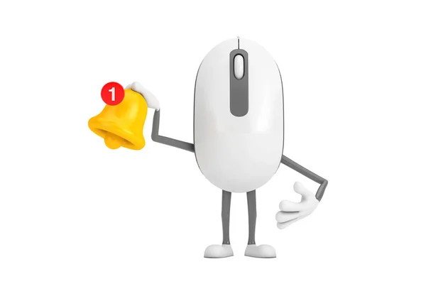 电脑鼠标卡通人物形象吉祥物在白色背景上的卡通社交媒体通知铃和新的讯息图标 3D渲染 — 图库照片