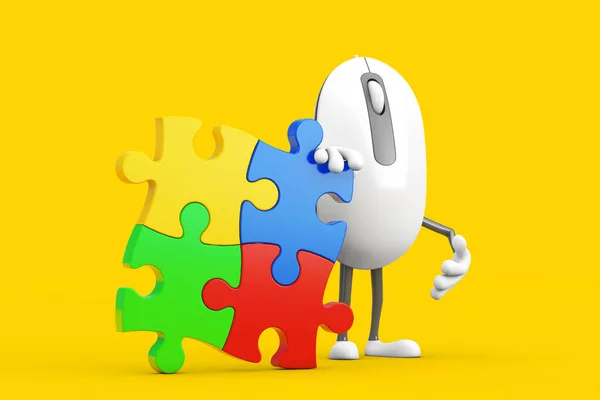 Computer Mouse Cartoon Person Character Mascot Four Pieces Colorful Jigsaw — Stock Photo, Image