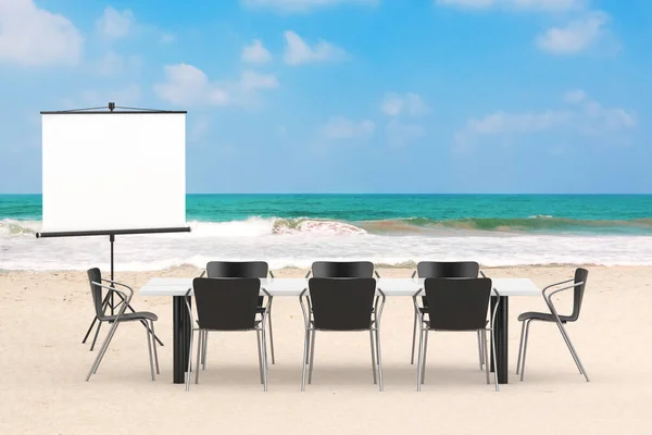 投影屏幕 桌子和椅子作为办公室概念的海洋或海洋夏季沙滩背景 3D渲染 — 图库照片