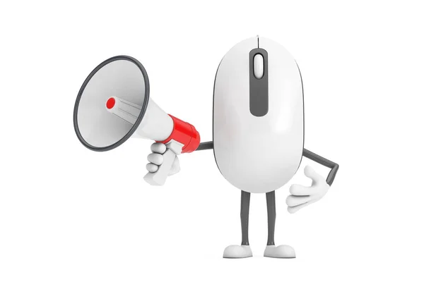 电脑鼠标卡通人物形象吉祥物与红色复古扩音器白色背景 3D渲染 — 图库照片