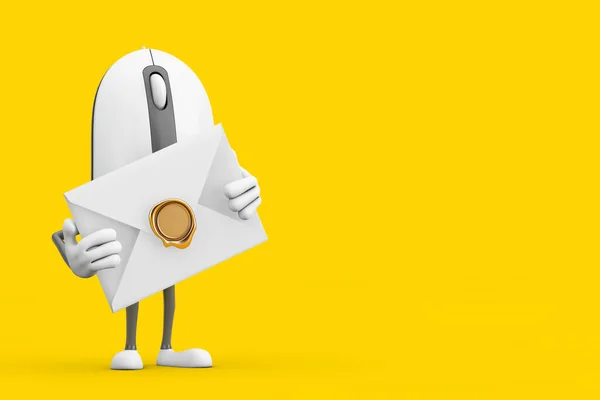 电脑鼠标卡通人物形象吉祥物与白色空白信封黄色背景 3D渲染 — 图库照片