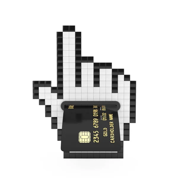Pixel手光标图标与黑色塑料金信用卡与芯片白色背景 3D渲染 — 图库照片