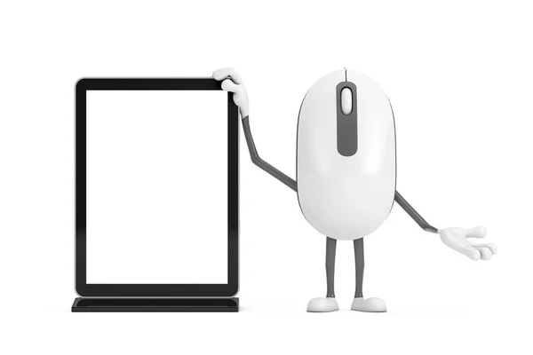 电脑鼠标卡通人物形象吉祥物与空白贸易展览液晶显示站作为您的设计的模板白色背景 3D渲染 — 图库照片