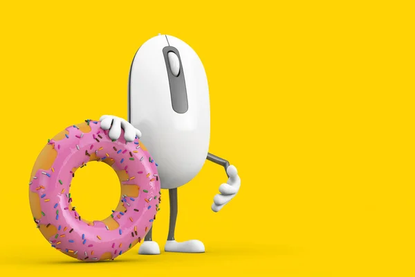 Computer Mouse Cartoon Person Character Mascot with Big Strawberry Pink Glazed Donut on a yellow background. 3d Rendering