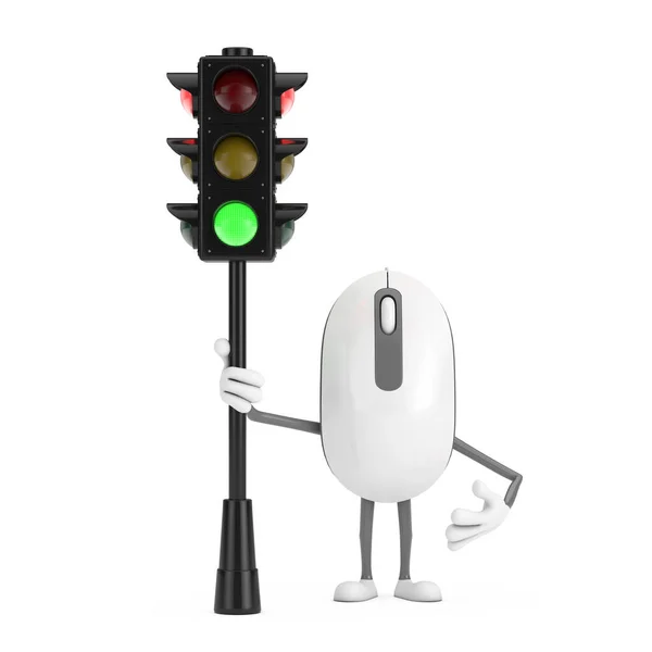 电脑鼠标卡通人物形象吉祥物与交通绿灯在白色背景 3D渲染 — 图库照片