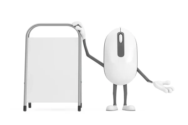 白い空の広告の昇進のコンピュータのマウス漫画の人のキャラクターマスコットは白い背景に立つ 3Dレンダリング — ストック写真