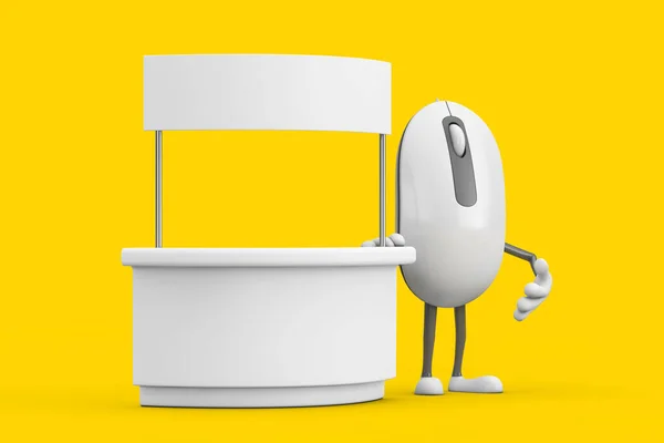 Computer Mouse Cartoon Person Character Mascot near Blank Promotion Stand with Free Space for Your Design on a yellow background. 3d Rendering