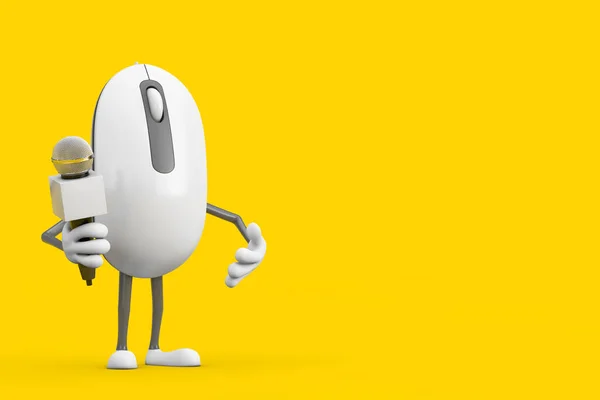 コンピュータマウス漫画の人物キャラクター黄色の背景に現代のクロムマイクとマスコット 3Dレンダリング — ストック写真