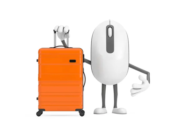 Υπολογιστής Ποντίκι Κινούμενο Πρόσωπο Μασκότ Χαρακτήρας Πορτοκαλί Travel Βαλίτσα Λευκό — Φωτογραφία Αρχείου