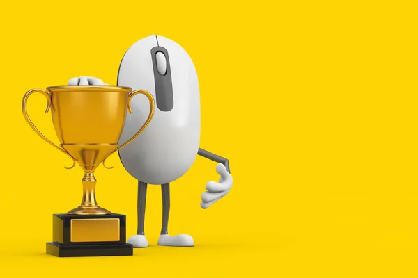 电脑鼠标卡通人物形象吉祥物金像奖奖杯黄色背景 3D渲染 — 图库照片