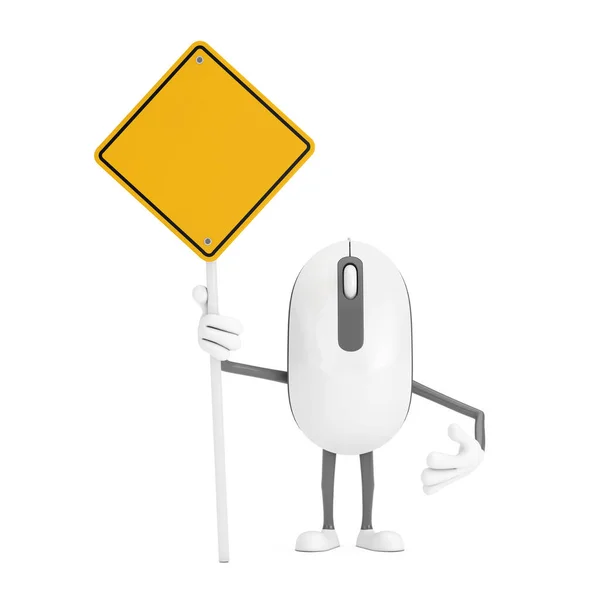 电脑鼠标卡通人物形象吉祥物和黄色道路标志与您的设计空间白色背景 3D渲染 — 图库照片