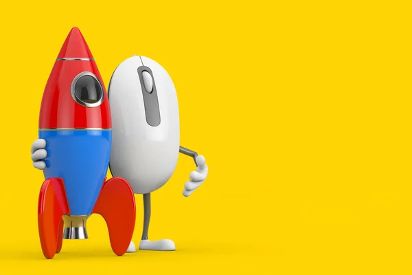 コンピューターマウス漫画の人物キャラクター黄色の背景に漫画のおもちゃロケットとマスコット 3Dレンダリング — ストック写真