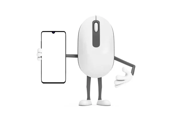 Bilgisayar Faresi Çizgi Filmi Karakteri Maskotu Modern Cep Telefonu Beyaz — Stok fotoğraf
