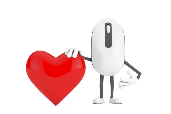 电脑鼠标卡通人物形象吉祥物与红心白色背景 3D渲染 — 图库照片