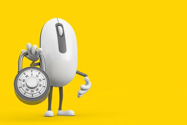 Computer Mouse Cartoon Person Character Mascot Silver Combination Padlock Жовтому — стокове фото
