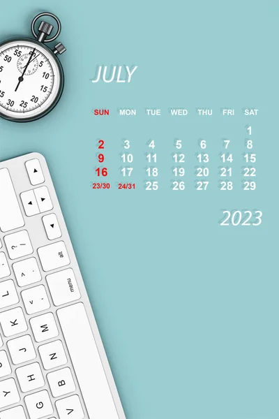 2023 Jaarkalender Juli Kalender Met Stopwatch Keyboard Rendering — Stockfoto