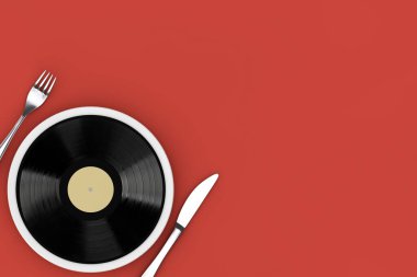 Müzik zevki kavramı iyidir. Kırmızı arka planda çatallı ve bıçaklı vinil disk. 3d Hazırlama 