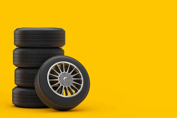 新しい車のホイールタイヤ黄色の背景に杭 3Dレンダリング — ストック写真