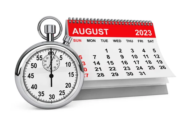 2023 Tahun Kalender Agustus Dengan Stopwatch Pada Latar Belakang Putih — Stok Foto
