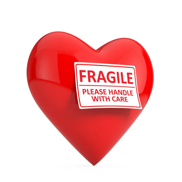 Red Heart Fragile Please Handle Care Εγγραφείτε Λευκό Φόντο Απόδοση — Φωτογραφία Αρχείου