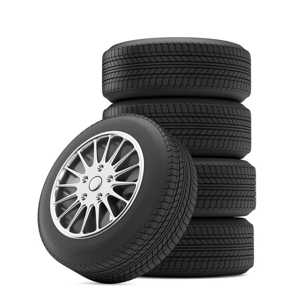 Neumáticos Nuevos Rueda Del Coche Pila Sobre Fondo Blanco Renderizado — Foto de Stock