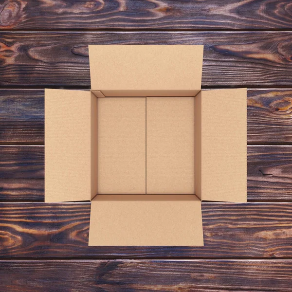 Prázdné Otevřené Kartónové Krabice Top View Dřevěném Prkně Pozadí Vykreslování — Stock fotografie