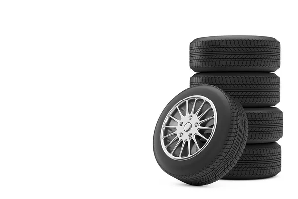 新しい車のホイールタイヤ白い背景に杭 3Dレンダリング — ストック写真