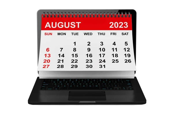 2023 Yıllık Takvim Ağustos Takvimi Beyaz Arka Planda Dizüstü Bilgisayar — Stok fotoğraf