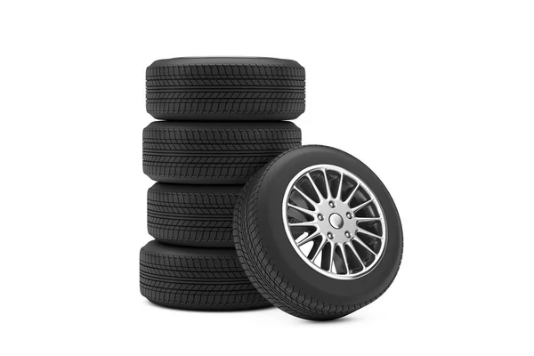 New Car Wheel Tires Pile White Background Rendering — Stock Photo, Image