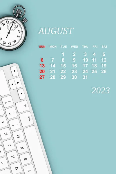 2023年のカレンダー ストップウォッチとキーボードで8月のカレンダー 3Dレンダリング — ストック写真