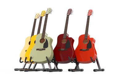 Beyaz arka planda gitarlı renkli tahta akustik gitarlar. 3d Hazırlama 