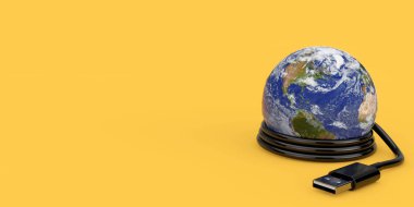 Sarı arka planda USB kablosu olan Planet Earth World Globe. Bu görüntünün elementleri NASA tarafından döşenmiştir. 3d Hazırlama 