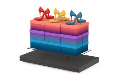 Beyaz arka planda Kadın Ayakkabı Kutuları ve Yüksek Topuklu Wooman Shooes ile Vitrin Vitrinleri Vitrini Rafları. 3d Hazırlama 