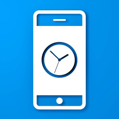 Beyaz Kağıt Kesiği Cep Telefonu, Saati ya da Ekrandaki Zamanlayıcı mavi arka planda. 3d Hazırlama 