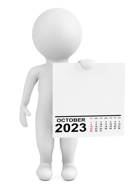 Character Holding Calendar October 2023 Year White Background Rendering — Stock Photo, Image