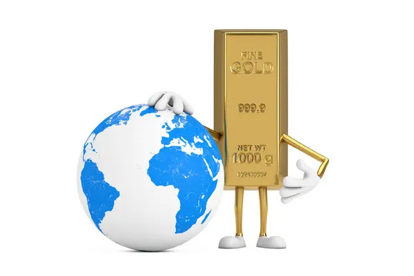 Golden Bar Tecknad Person Karaktär Maskot Med Earth Globe Vit — Stockfoto
