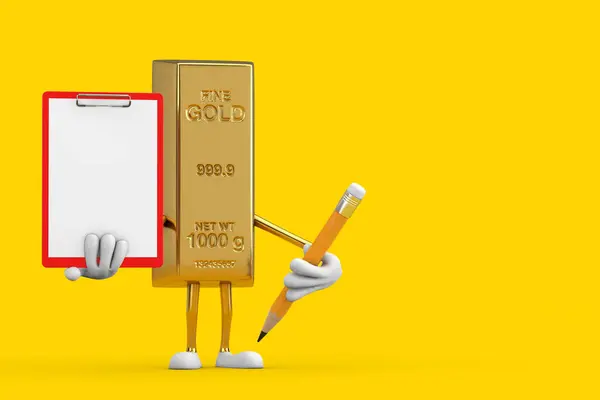 Golden Bar Cartoon Person Character Mascot with Red Plastic Clipboard, Paper and Pencil on a yellow background. 3d Rendering