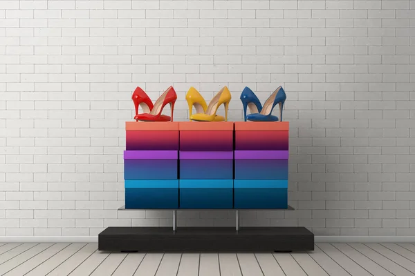 Store Product Display Showcase Rack Shelves with Woman Shoe Boxes and High Heels Wooman Shooes in front of Brick Wall background. 3d Rendering