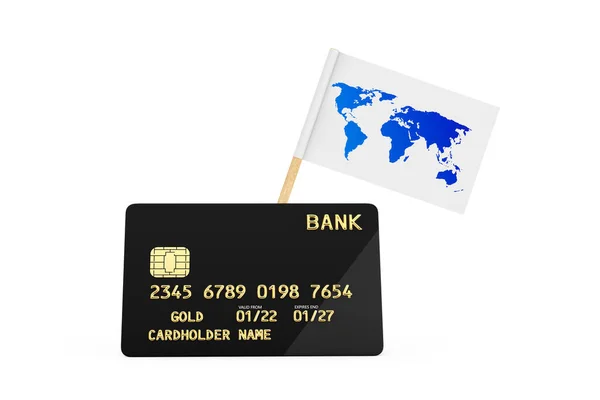 Mapa Světa Vlajka Černá Plastová Zlatá Kreditní Karta Čipem Bílém — Stock fotografie