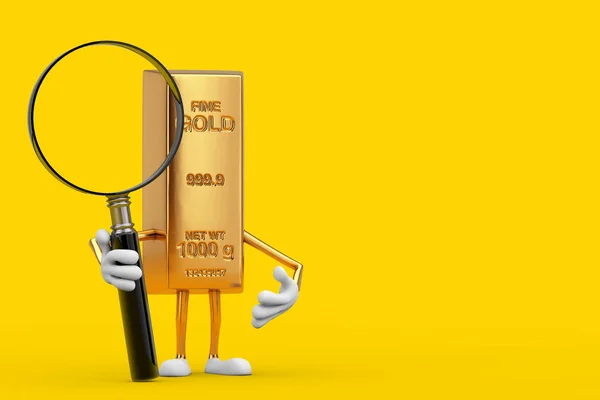Golden Bar Cartoon Pessoa Personagem Mascote Com Lupa Sobre Fundo — Fotografia de Stock