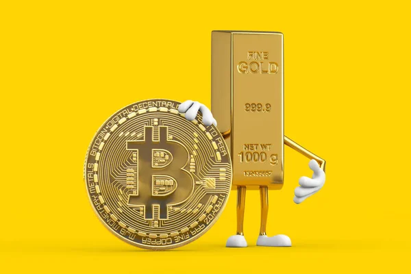 Golden Bar Cartoon Pessoa Personagem Mascote Com Criptomoeda Golden Bitcoin — Fotografia de Stock
