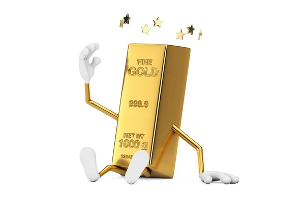Zittend Golden Bar Cartoon Persoon Karakter Mascotte Met Sterren Rond — Stockfoto