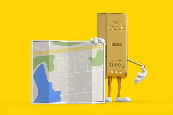 Golden Bar Cartoon Person Character Mascot with Abstract City Plan Map on a yellow background. 3d Rendering
