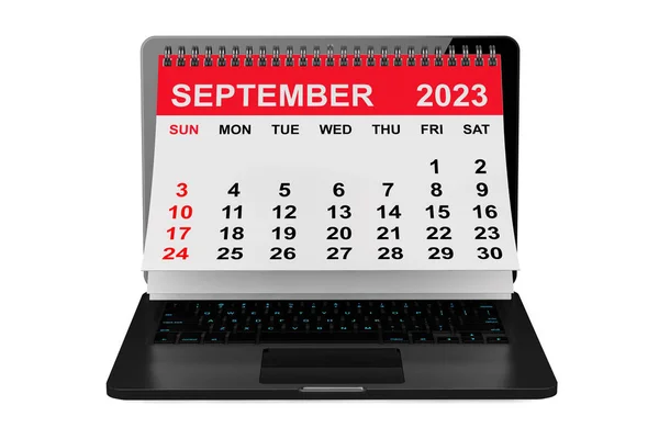 2023 Yıllık Takvim Eylül Takvimi Beyaz Arka Planda Dizüstü Bilgisayar — Stok fotoğraf