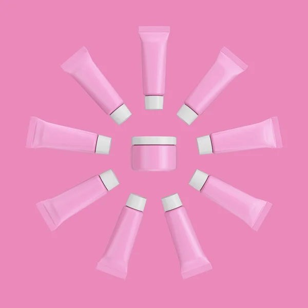 Pink Cosmetic Cream Tubes Around Pink Cosmetic Jar with Free Space for Your Design on a pink background. 3d Rendering