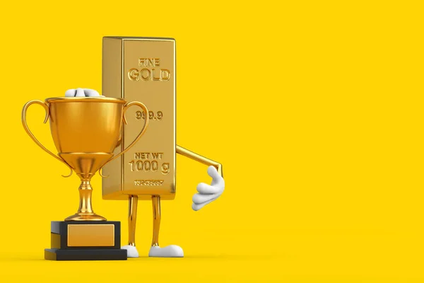 Maskotka Postaci Kreskówki Golden Bar Złotym Trofeum Żółtym Tle Renderowanie — Zdjęcie stockowe